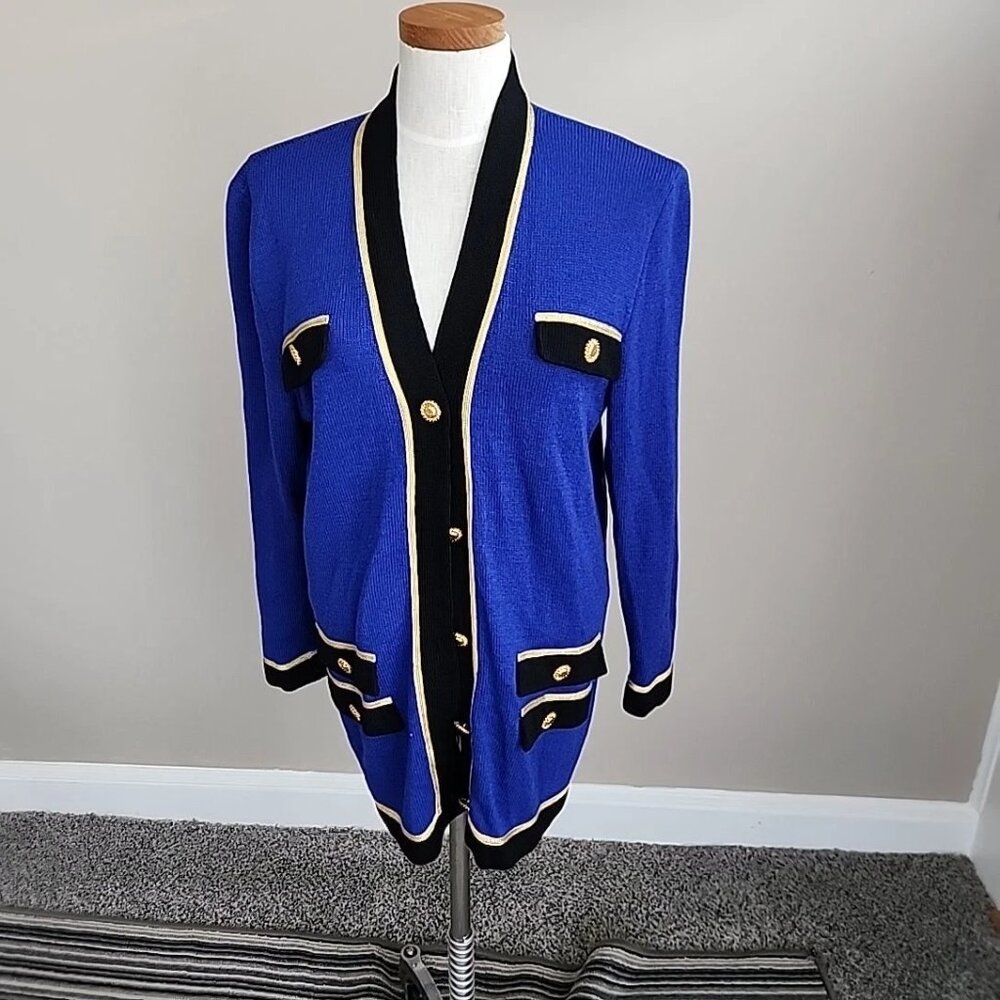 ST JOHN Vintage Marie Gray royal blue/purple Knit Cardigan Size M